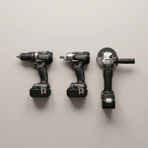 Power tools collection - cordless drill, impact wrench, and angle grinder