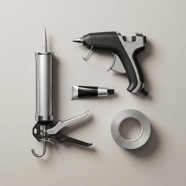 Adhesives and sealants collection - glue gun, caulking gun, epoxy, tape