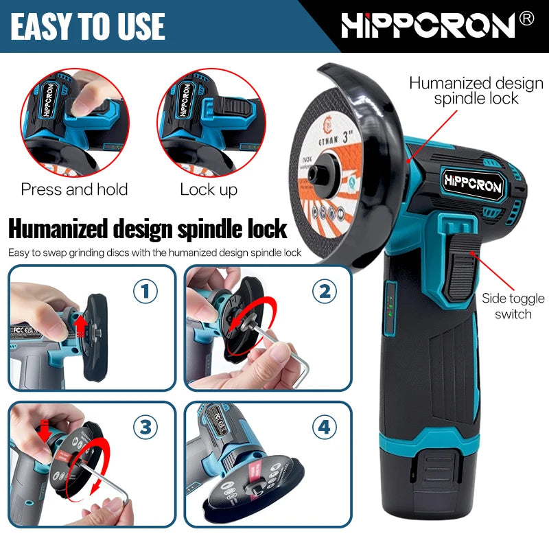 Hippcron 12V Electric Portable Angle Grinder Cordless Polishing Mini Cutting Blade Grinder Machine Lithium Battery Universal