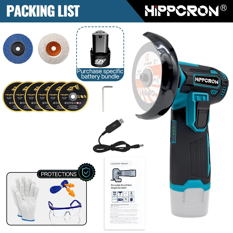 Hippcron 12V Electric Portable Angle Grinder Cordless Polishing Mini Cutting Blade Grinder Machine Lithium Battery Universal