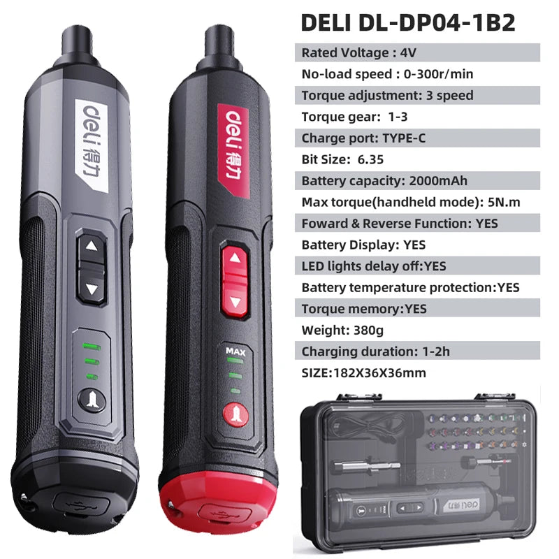 DELI Cordless Electric Screwdriver Set 4V 2000Mah Adjustment Power Dril Multi-Function Disassembly Torque Repair Tools Kit