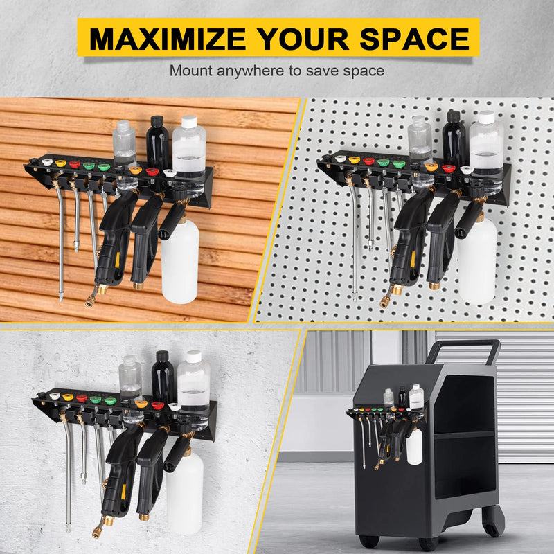 Pressure Washer Gun & Foam Cannon Holder with 1/4 Inch Quick Connector, Wall-Mounted Nozzle Tip & Extension Wand Organizer