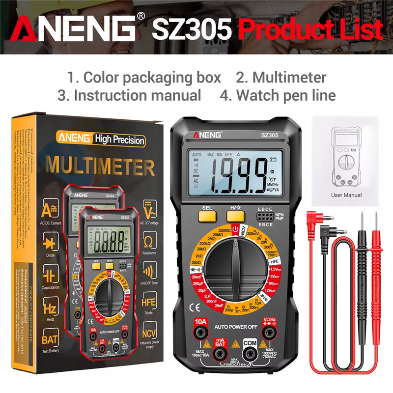 SZ305 Digital Multimeter Professional AC/DC Voltage Ammeter Capacitor Hfe Triode NCV Voltage Induction Electrician Tester