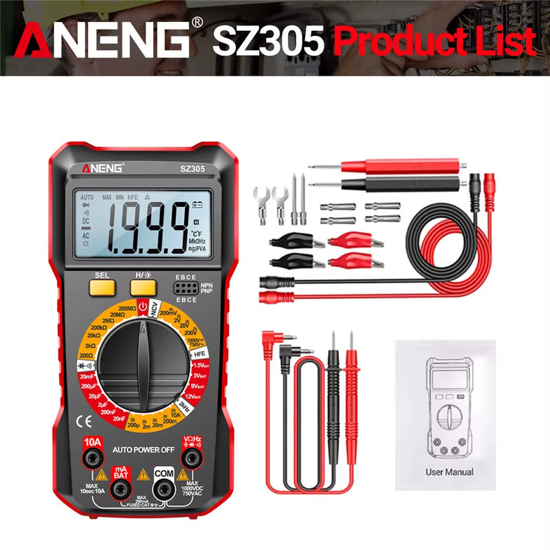 SZ305 Digital Multimeter Professional AC/DC Voltage Ammeter Capacitor Hfe Triode NCV Voltage Induction Electrician Tester