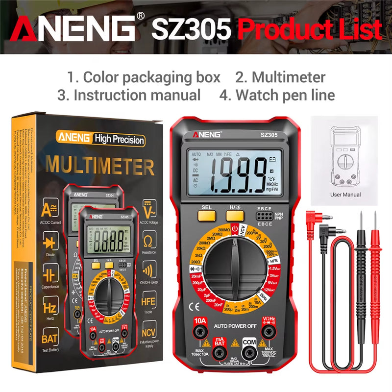 SZ305 Digital Multimeter Professional AC/DC Voltage Ammeter Capacitor Hfe Triode NCV Voltage Induction Electrician Tester