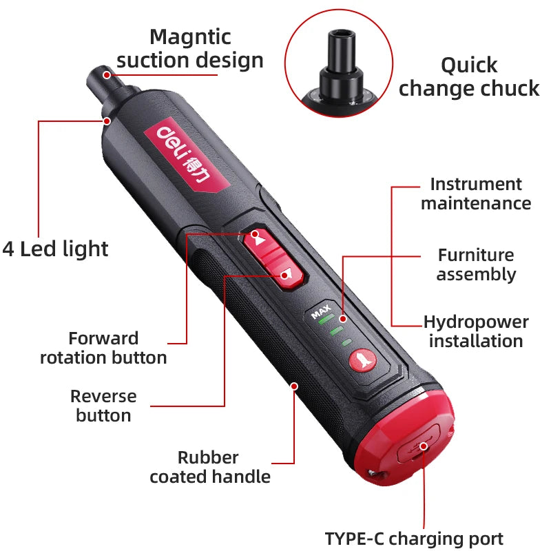 DELI Cordless Electric Screwdriver Set 4V 2000Mah Adjustment Power Dril Multi-Function Disassembly Torque Repair Tools Kit