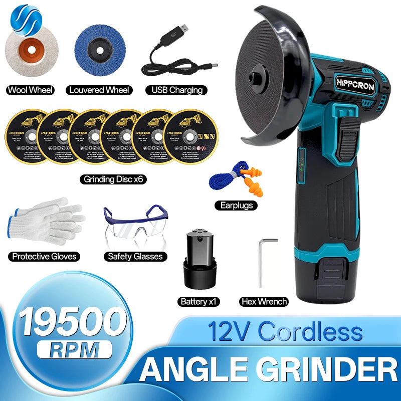 Hippcron 12V Electric Portable Angle Grinder Cordless Polishing Mini Cutting Blade Grinder Machine Lithium Battery Universal