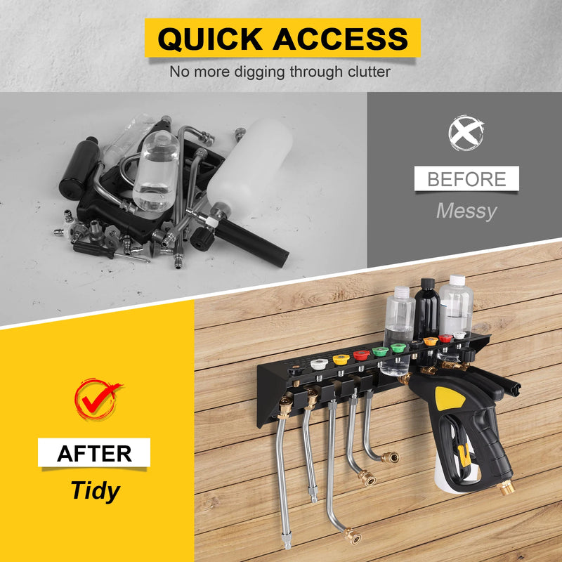 Pressure Washer Gun & Foam Cannon Holder with 1/4 Inch Quick Connector, Wall-Mounted Nozzle Tip & Extension Wand Organizer