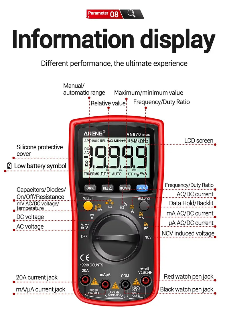 AN870 Smart Multimeter Digital Profesional 19999 Counts AC Voltage Tester Current NCV Capacitance Resistance Ohm Test Tool
