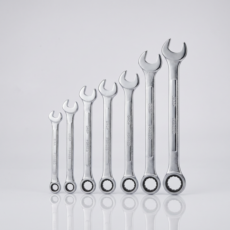 7-piece metric ratcheting combination wrench set - studio shot with reflection