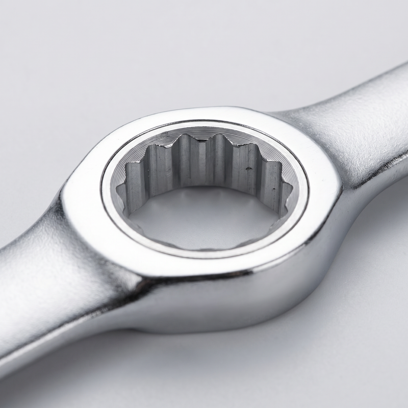 Close-up of the 12-point ratcheting box-end head - chrome vanadium steel