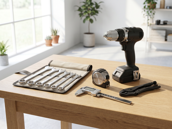 Varnem tools and home repair - cordless drill, wrenches, tape measure, caliper, and pliers on a bright workbench