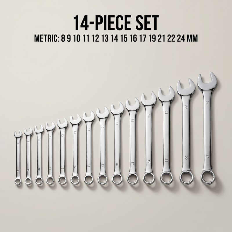 Varnem 14-piece ratcheting combination wrench set - metric sizes 8 to 24 mm