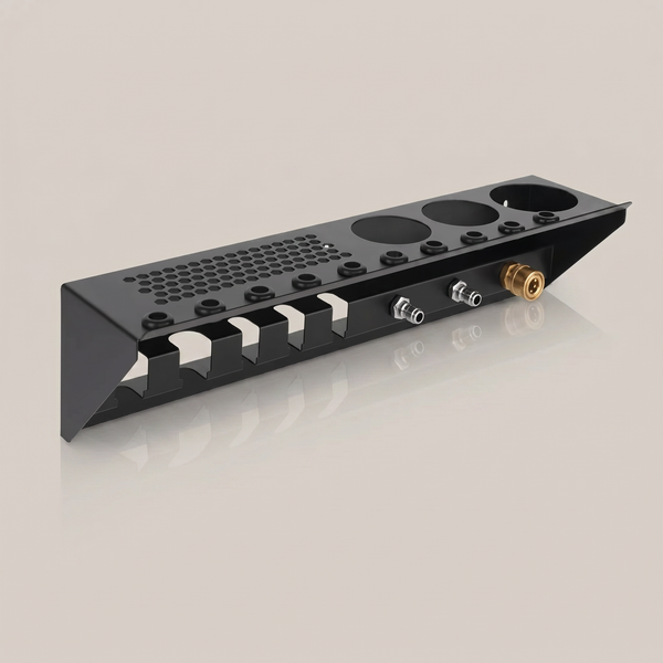 Wall-mounted pressure washer and foam cannon holder organizer rack in matte black with brass 1/4 inch quick-connect fitting